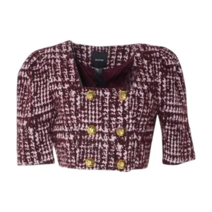 DB Double‑Breasted Cropped Jacket in Plum Bouclé