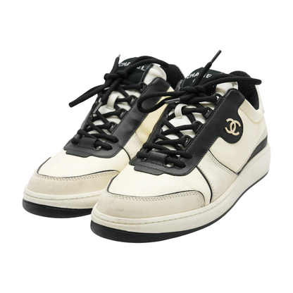 White & Black Lambskin & Suede Calfskin Interlocking CC Sneakers