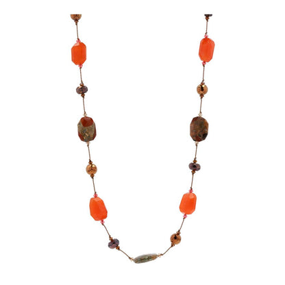 Sterling Silver Orange, Grey, And Brown Stationed Multi-Gemstone Beaded Necklace