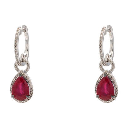White Gold Red Pear Stone With Round Diamond Halo Drop Earrings