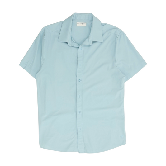 Blue Solid Short Sleeve Button Down