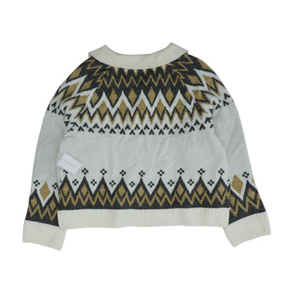 White Geometric V-Neck Sweater