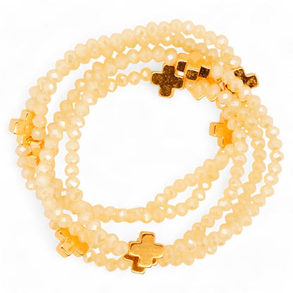 Tan Bead With Gold Crosses Stack Bracelets