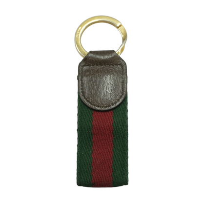 Green and Red Web Stripe and Brown Leather Trim Ophidia Keychain