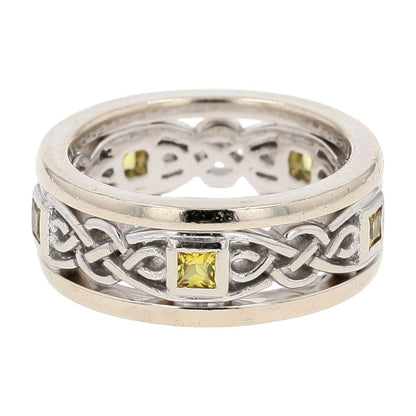 14K White Gold Open Work Celtic With Square Yellow Stones Band