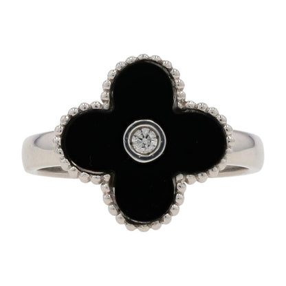 Platinum Black Opal Clover With Bezel Set Diamond Accent Cocktail Ring