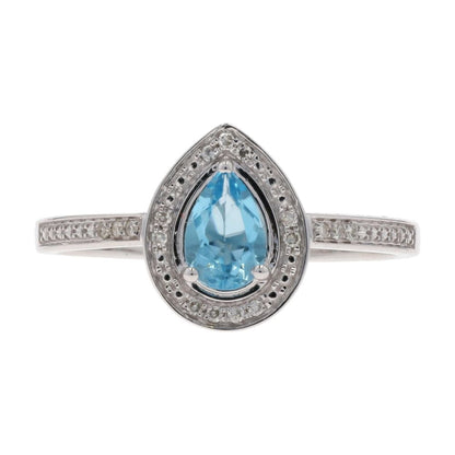 1/2 Ct 10K White Gold Pear Blue Topaz Center With Diamond Halo Cocktail Ring