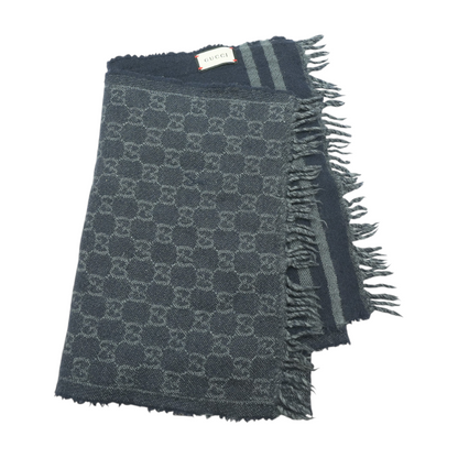 Navy 100% Wool Jacquard GG Supreme Fringe Scarf
