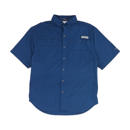 Blue Solid Short Sleeve Button Down