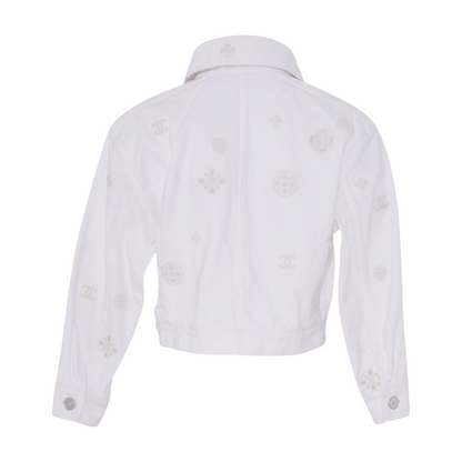 Spring 2021 White Embossed Interlocking CC & Camellia Accent Denim Jacket