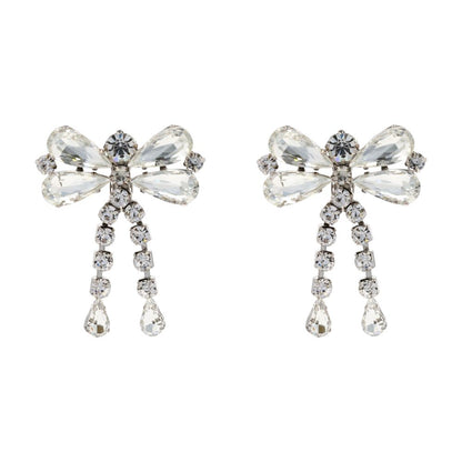 Silver Tone Large Crystal Bow Clip On Earrings