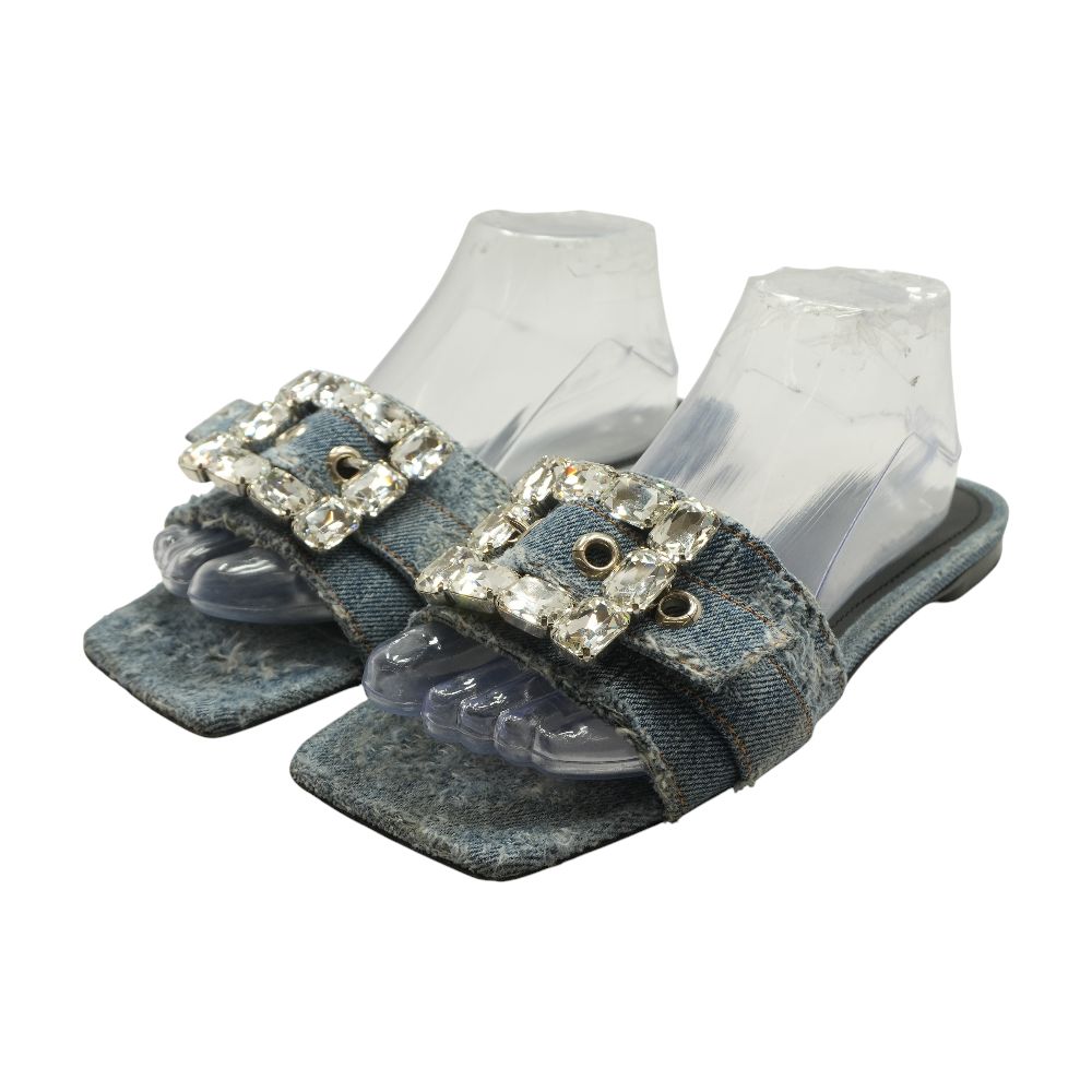 Blue Patchwork Denim Slides with Rhinestone Buckle – Unclaimed Baggage