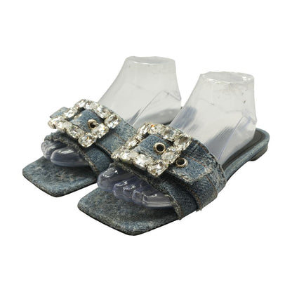 Blue Patchwork Denim Slides with Rhinestone Buckle