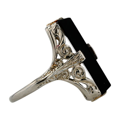 18K White Gold Art Deco Filgree Onyx Cocktail Ring W/ Small Diamond