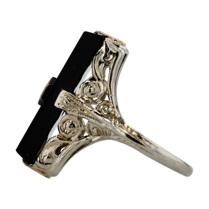 18K White Gold Art Deco Filgree Onyx Cocktail Ring W/ Small Diamond
