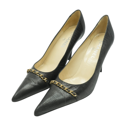 Lizard Embossed Gold Chain Accent Pointed Toe Pumps