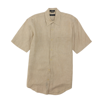 Beige Solid Short Sleeve Button Down