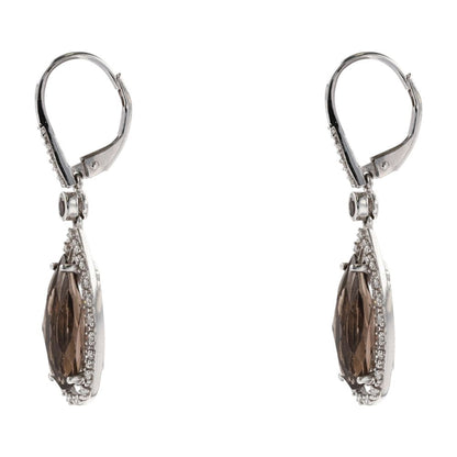 10K White Gold Elongated Pear Cut Smokey Quartz And Diamond Halo Dangle Earrings