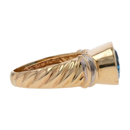 14K Two Tone Gold Side To Side Oval Blue Stone In Beveled Setting Cocktail Ring