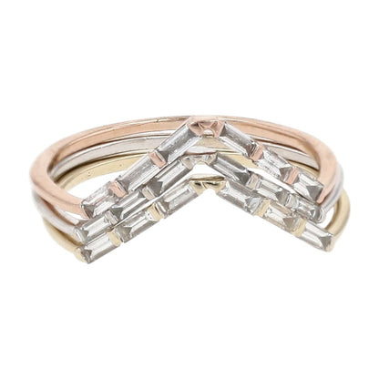 14K Tri Tone Gold Straight Baguette Lab Grown Diamond Chevron Three Piece Bands
