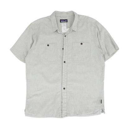 Beige Striped Short Sleeve Button Down