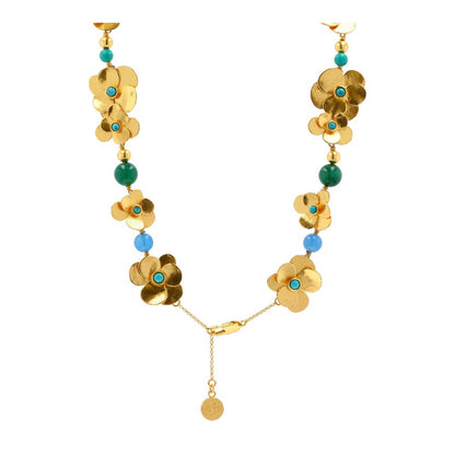 Gold Tone Turquoise Accents And Semi Precious Stones Flower Pendant Necklace