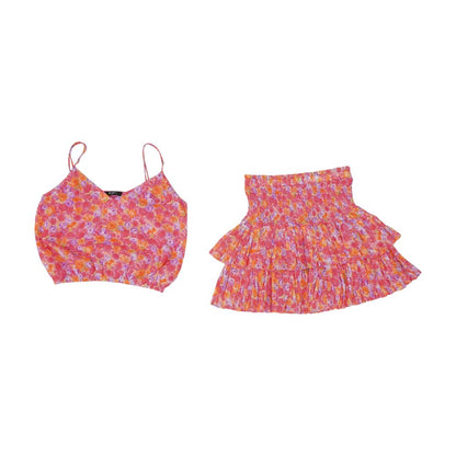Pink Floral Cropped Blouse and Skirt Set