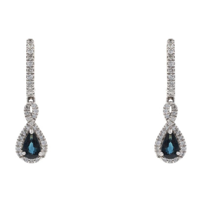1/10 Ct 10K White Gold Pear Sapphire With Diamond Accents Dangle Huggie Earrings