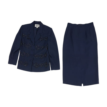 Vintage Navy Embroidery Detail Blazer and Skirt Set