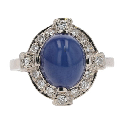 2 1/2 Ct 14K White Gold Synthetic Star Sapphire With Diamond Halo Cocktail Ring