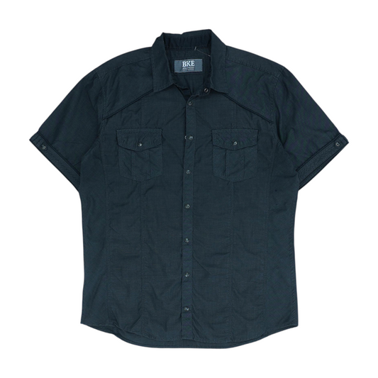 Black Solid Short Sleeve Button Down