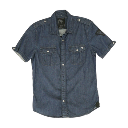 Blue Solid Short Sleeve Button Down