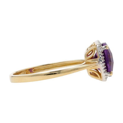 10K Gold Faceted Top Round Amethyst Center With Diamond Halo Cocktail Ring