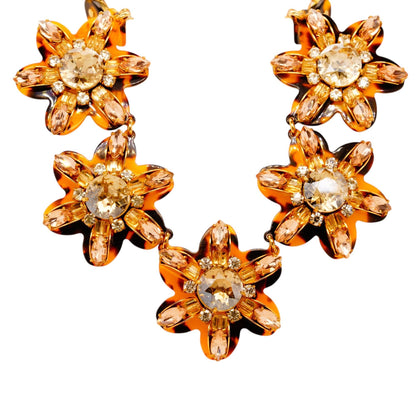 Gold Tone Tortoiseshell Rhinestone Flower Necklace
