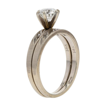 9/10 Ct 14K White Gold Round Diamond Textured Design Engagement Ring Fused Set