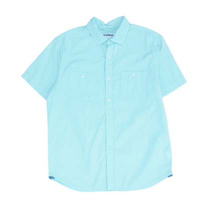 Blue Solid Short Sleeve Button Down