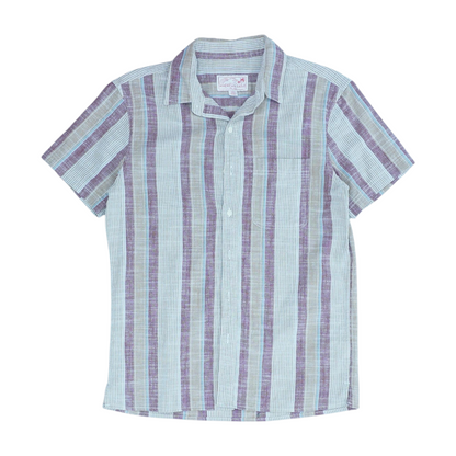 Beige Striped Short Sleeve Button Down