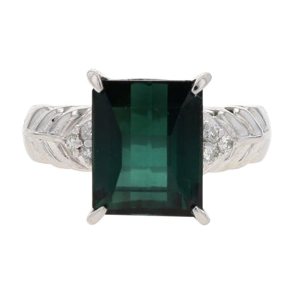 3.60 Ct Platinum Pixel Cut Green Tourmaline With Diamond Accents Cocktail Ring
