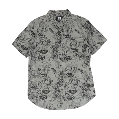 Gray Floral Short Sleeve Button Down