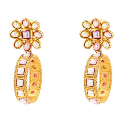 Gold Plated Pastel Iridescent Cabochons Flower Hoop Clip On Earrings