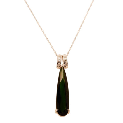14K White Gold Elongated Pear Tourmaline With Diamond Accents Pendant Necklace