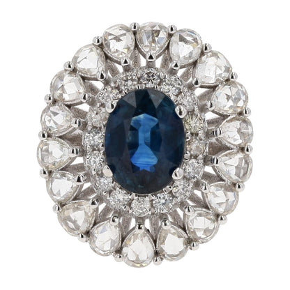 1 3/4 Ct 18K White Gold Oval Sapphire Center With Diamond Halo Cocktail Ring
