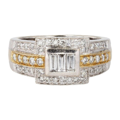 1 Ct 18K Two Tone Gold Bezel Set Three Stone Baguette Diamond With Halo Band