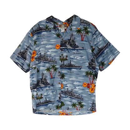 Blue Graphic Short Sleeve Button Down