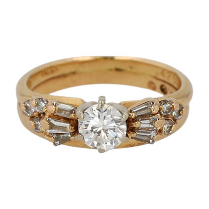 14K Gold Round & Baguette Diamond Engagement Ring W/ Fused Band