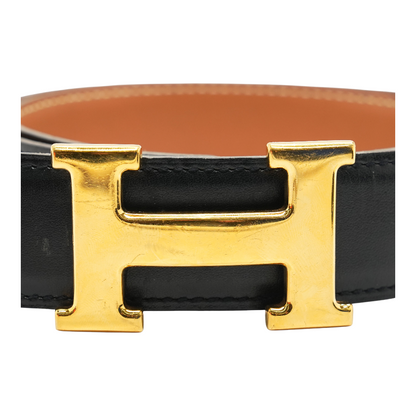 Black & Gold H Belt Buckle & Reversible Leather Strap 32 mm