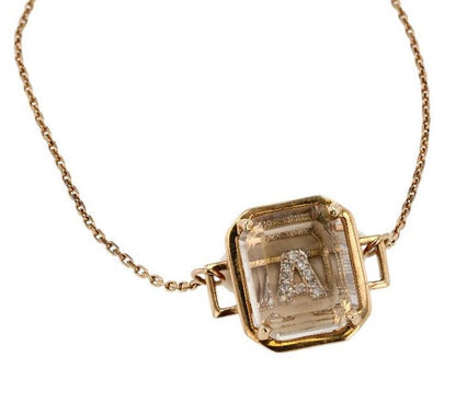 14K Gold Hidden Initial A Pave Diamond In Crystal Square Frame Link Bracelet