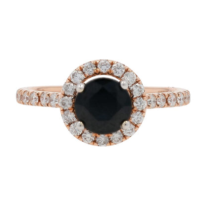1/2 Ct 14K Rose Gold Dark Blue Sapphire Center And Diamond Halo Engagement Ring
