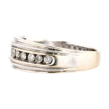 14K White Gold Round Channel Set Diamond Band With Milgrain Edging