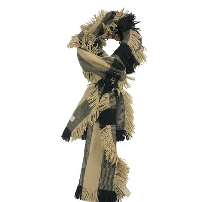 Camel Fringed Check Wool Scarf